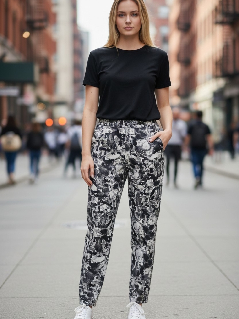 Theory S Silk Black & White  Printed Jogger Pants